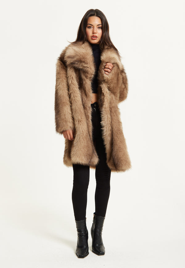 Liquorish Camel Faux Fur Midi Coat