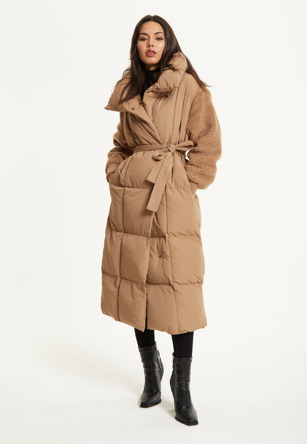 Liquorish Camel Longline Belted Puffer Coat