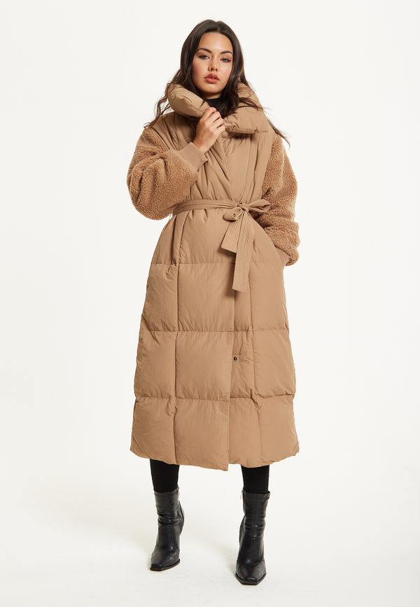 Liquorish Camel Longline Belted Puffer Coat