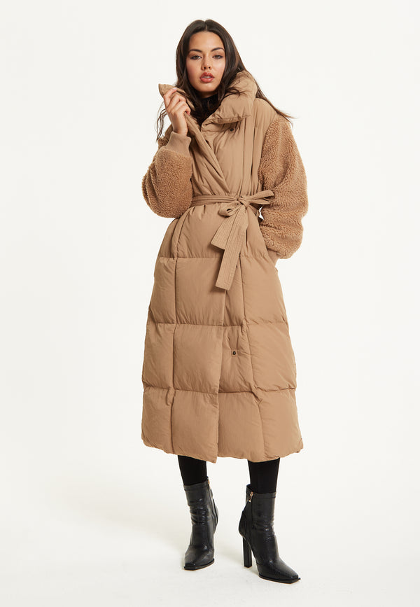 Liquorish Camel Longline Belted Puffer Coat