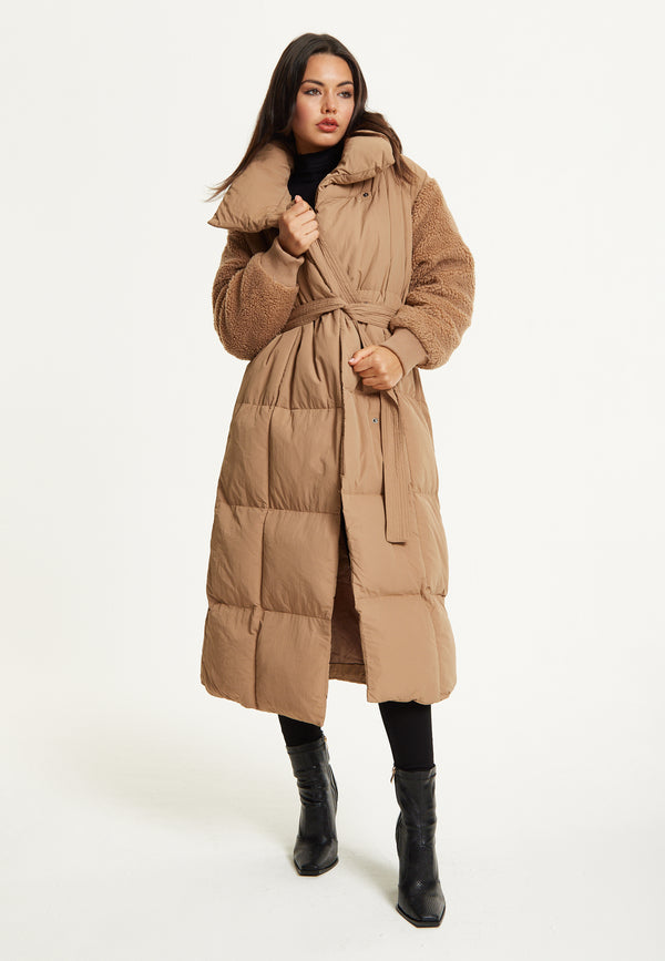 Liquorish Camel Longline Belted Puffer Coat