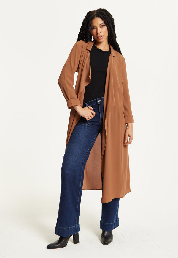 Liquorish Camel Waterfall Duster Coat