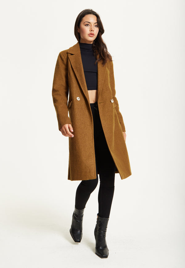 Liquorish Camel Wool Blend Double Breasted Coat