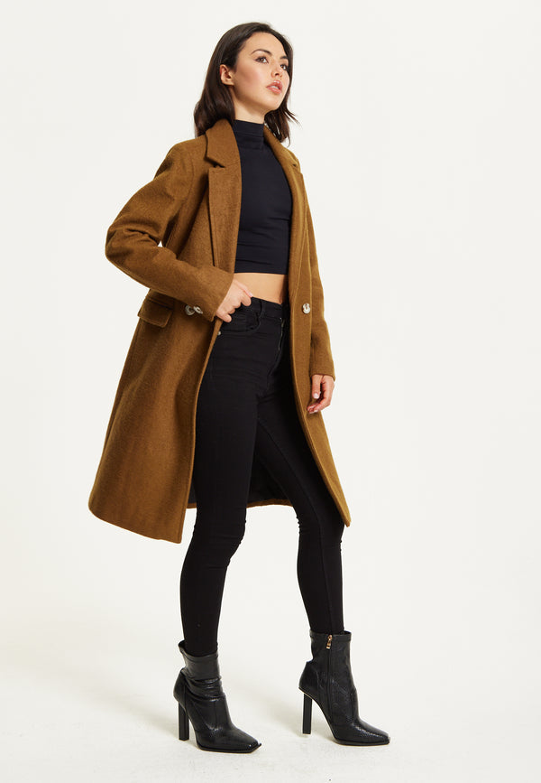 Liquorish Camel Wool Blend Double Breasted Coat