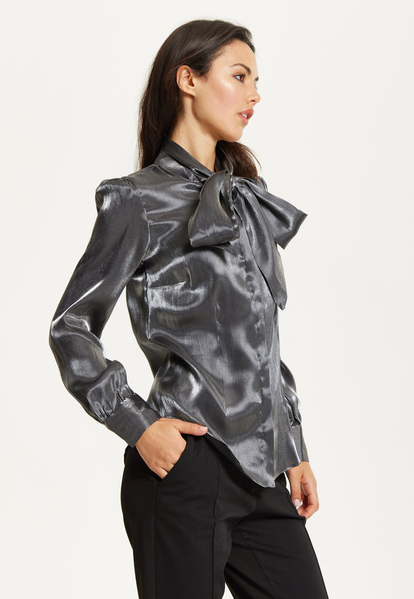 Liquorish Charcoal Metallic Pussybow Blouse