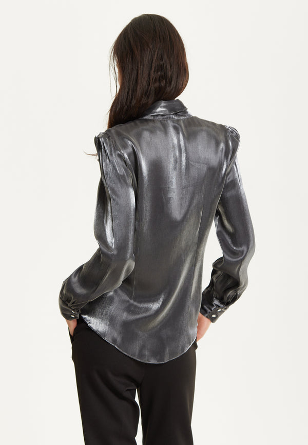 Liquorish Charcoal Metallic Pussybow Blouse
