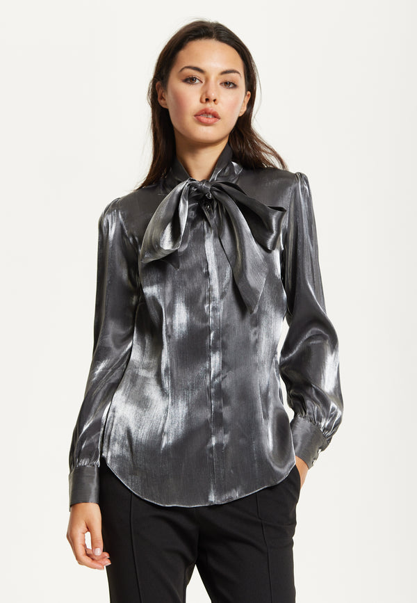 Liquorish Charcoal Metallic Pussybow Blouse