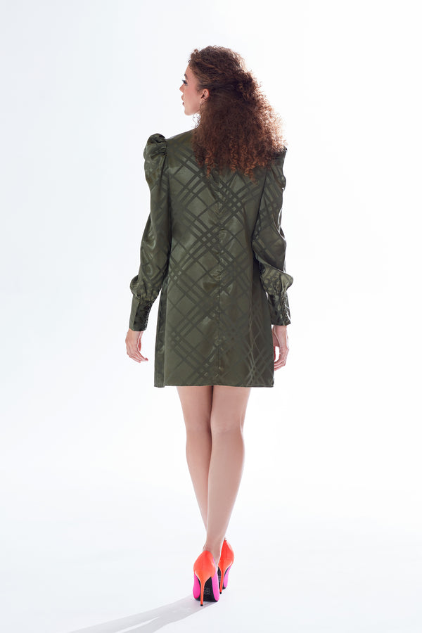 Liquorish Liquorish Check Jacquard Mini Dress With High Neck & Puff Sleeve Detail In Khaki