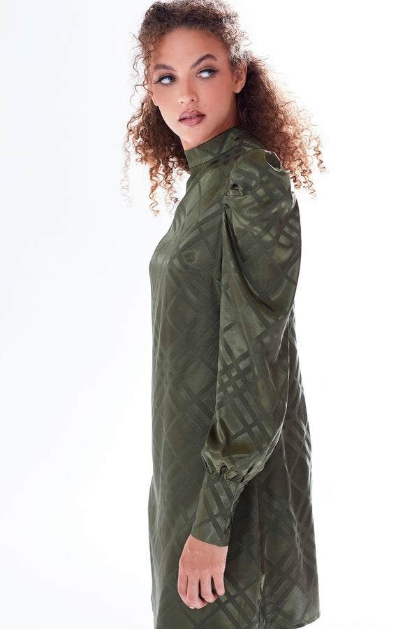 Liquorish Liquorish Check Jacquard Mini Dress With High Neck & Puff Sleeve Detail In Khaki