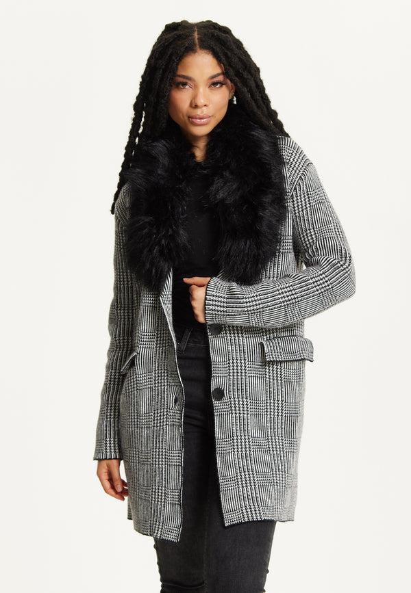 Liquorish Checked Coat with Faux Fur Collar
