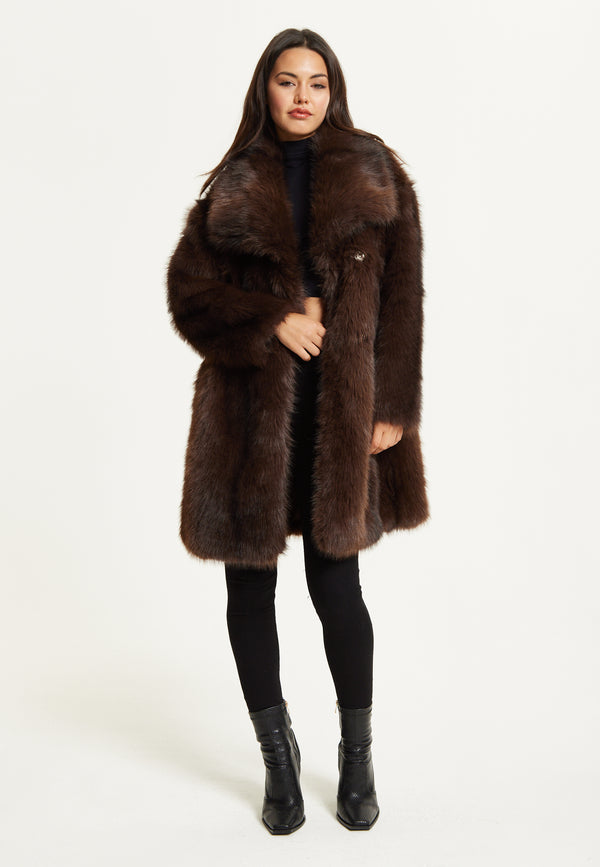 Liquorish Chocolate Brown Faux Fur Midi Coat