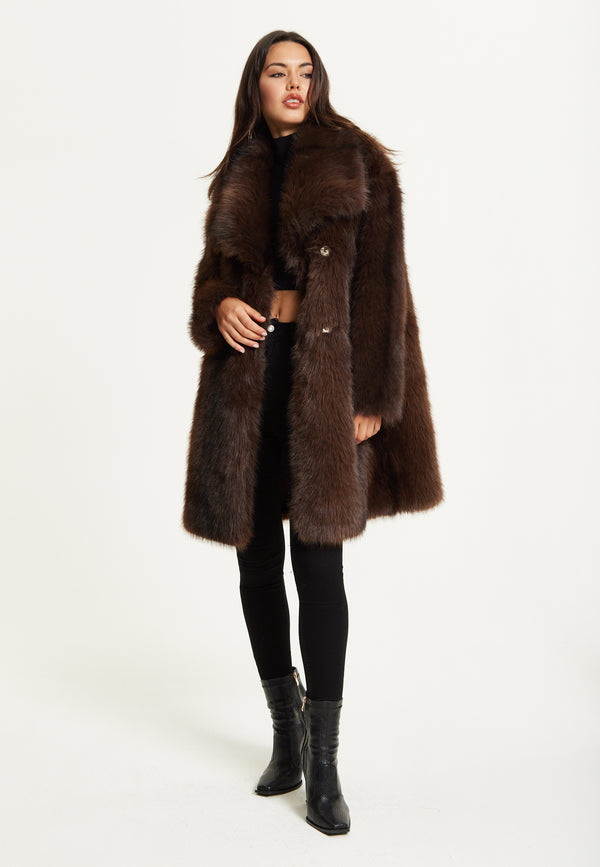 Liquorish Chocolate Brown Faux Fur Midi Coat