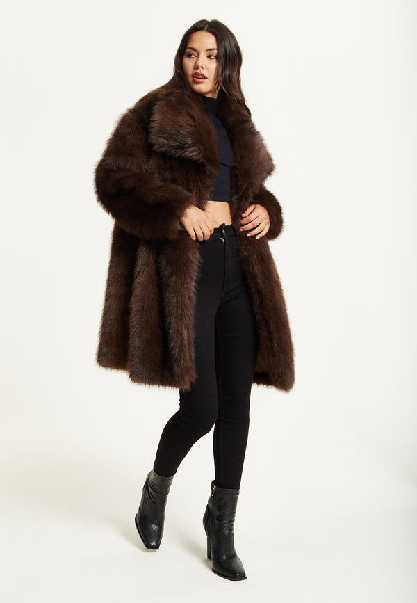 Liquorish Chocolate Brown Faux Fur Midi Coat