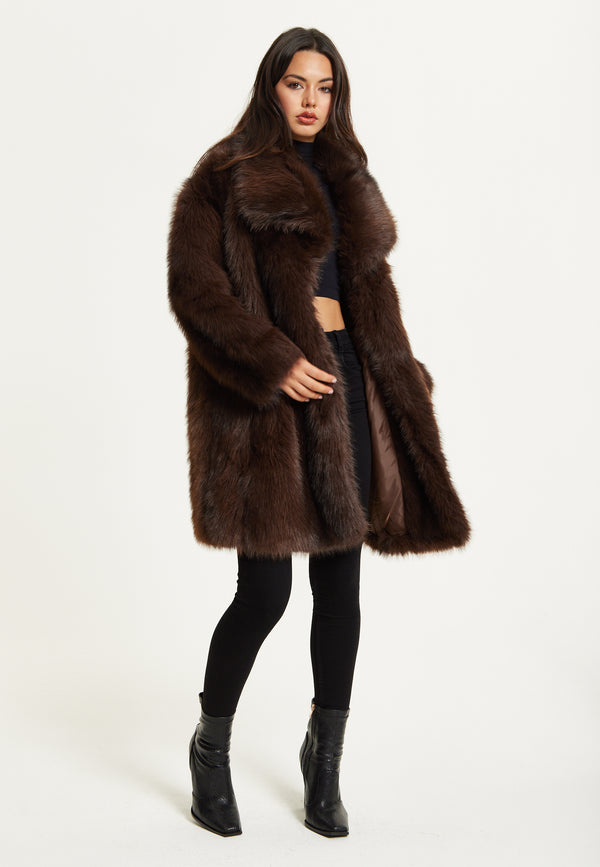 Liquorish Chocolate Brown Faux Fur Midi Coat