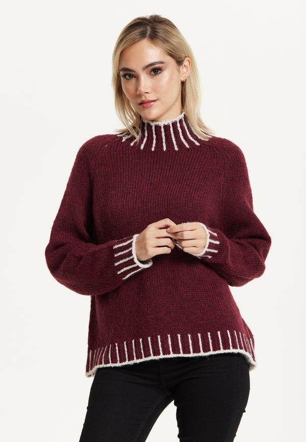 Liquorish Contrast Rib Wool Blend Jumper Burgundy