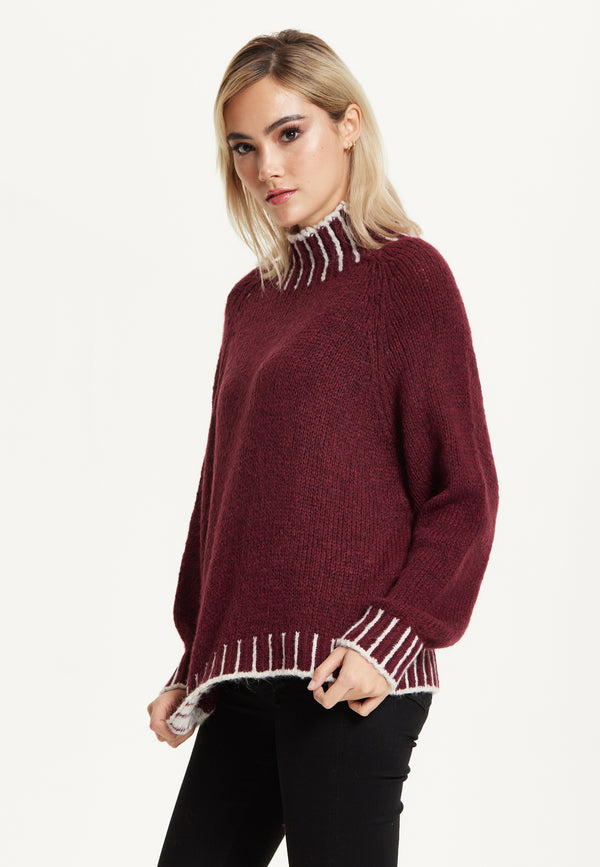 Liquorish Contrast Rib Wool Blend Jumper Burgundy
