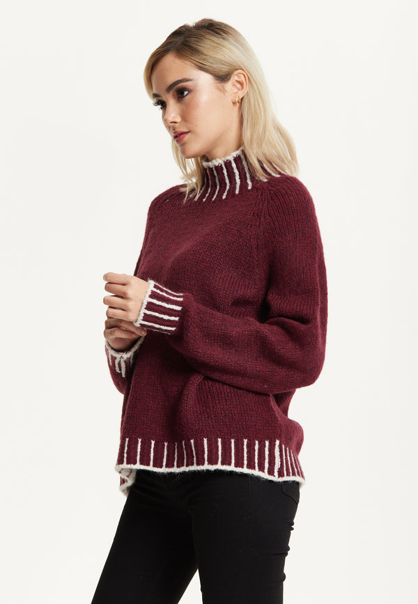 Liquorish Contrast Rib Wool Blend Jumper Burgundy