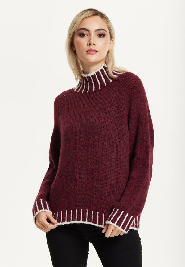 Liquorish Contrast Rib Wool Blend Jumper Burgundy