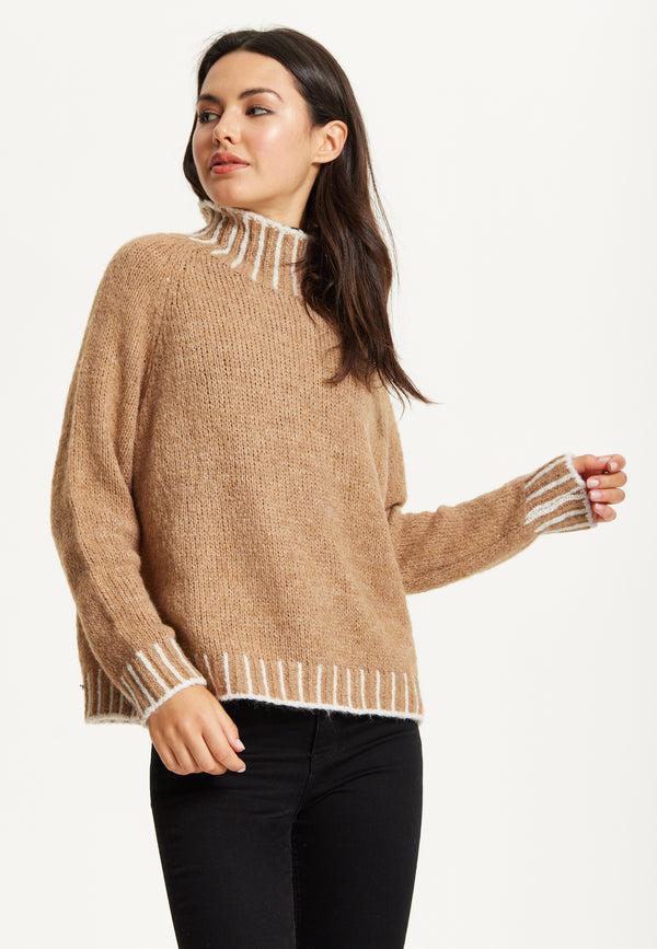 Liquorish Contrast Rib Wool Blend Jumper – Camel