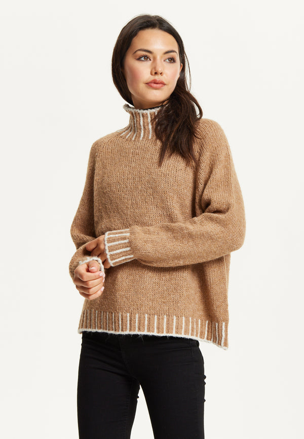 Liquorish Contrast Rib Wool Blend Jumper – Camel