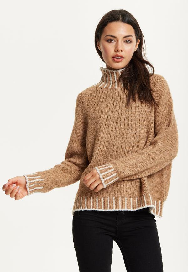 Liquorish Contrast Rib Wool Blend Jumper – Camel