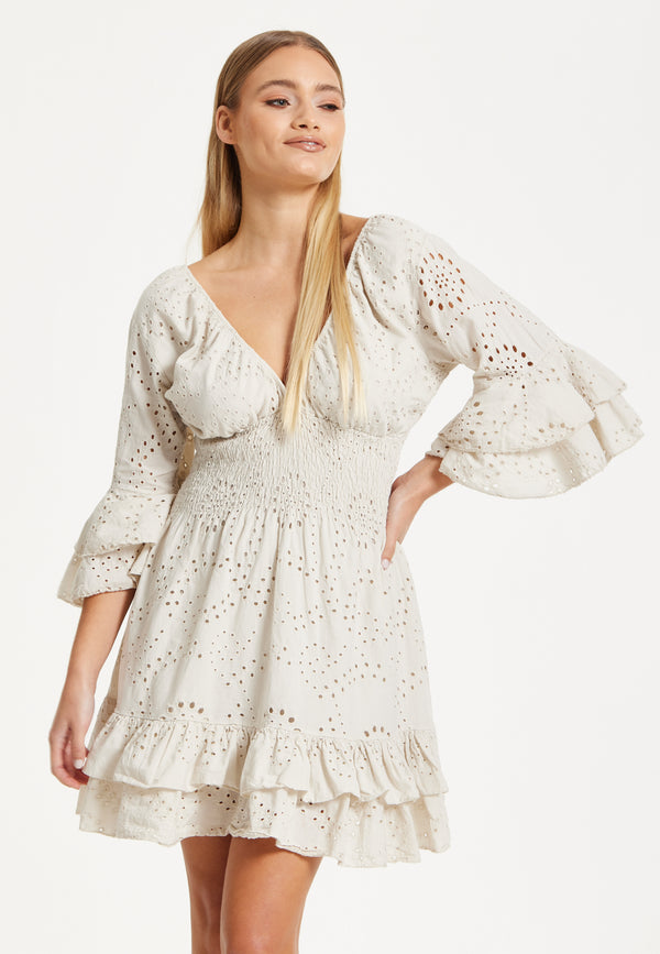 Liquorish Cream Broderie Anglaise Mini Dress