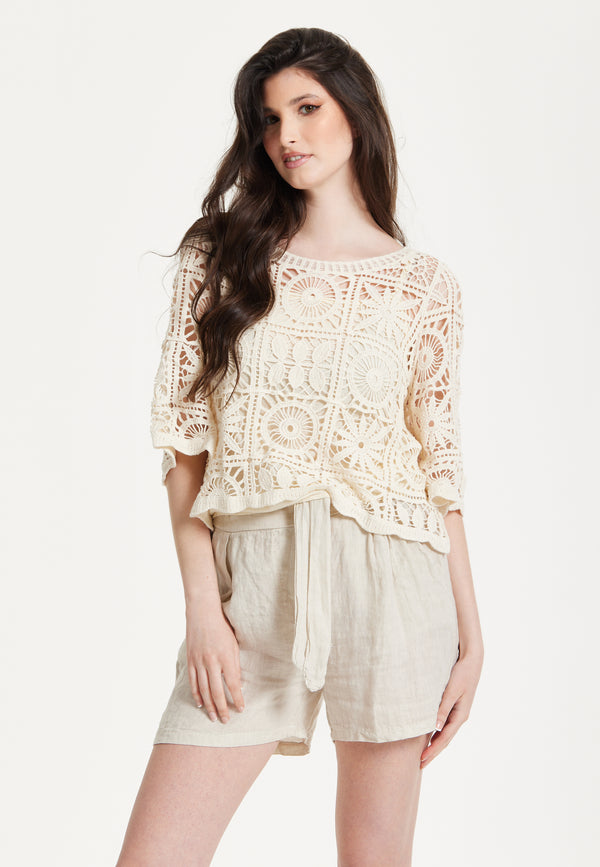 Liquorish Cream Knitted Lace Crochet Top