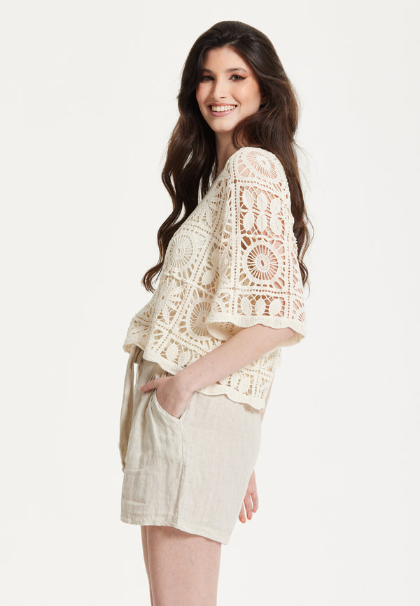 Liquorish Cream Knitted Lace Crochet Top