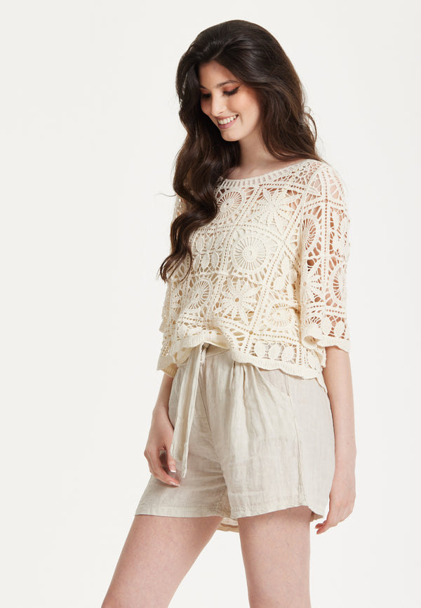 Liquorish Cream Knitted Lace Crochet Top