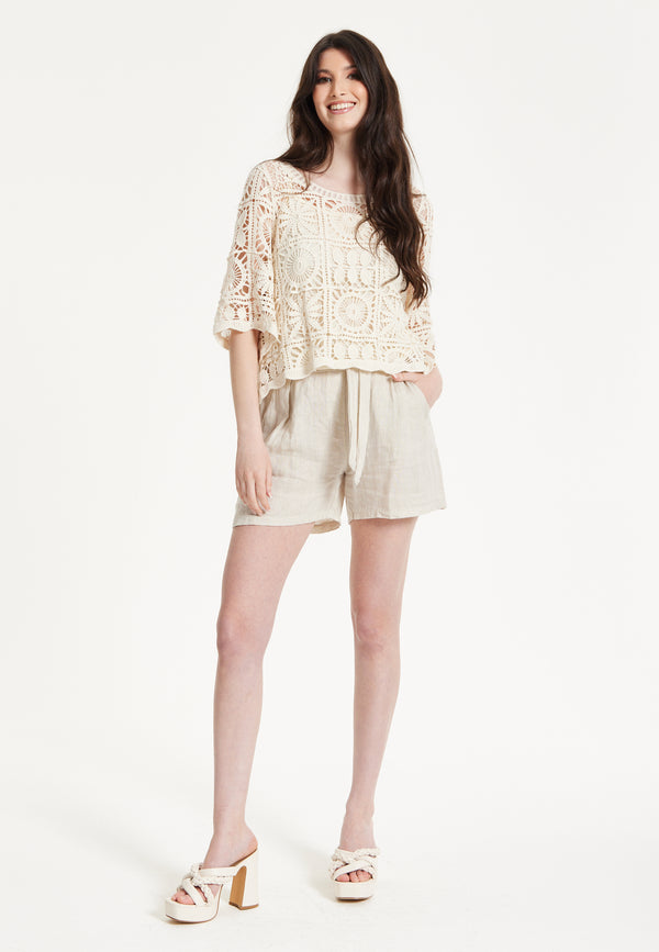 Liquorish Cream Knitted Lace Crochet Top