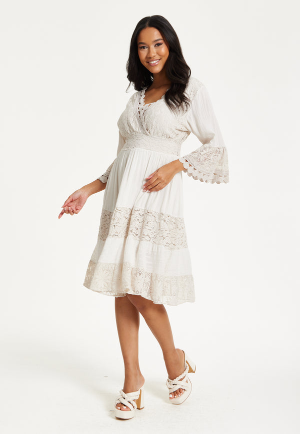 Liquorish Cream Lace Trim Boho Midi Dress