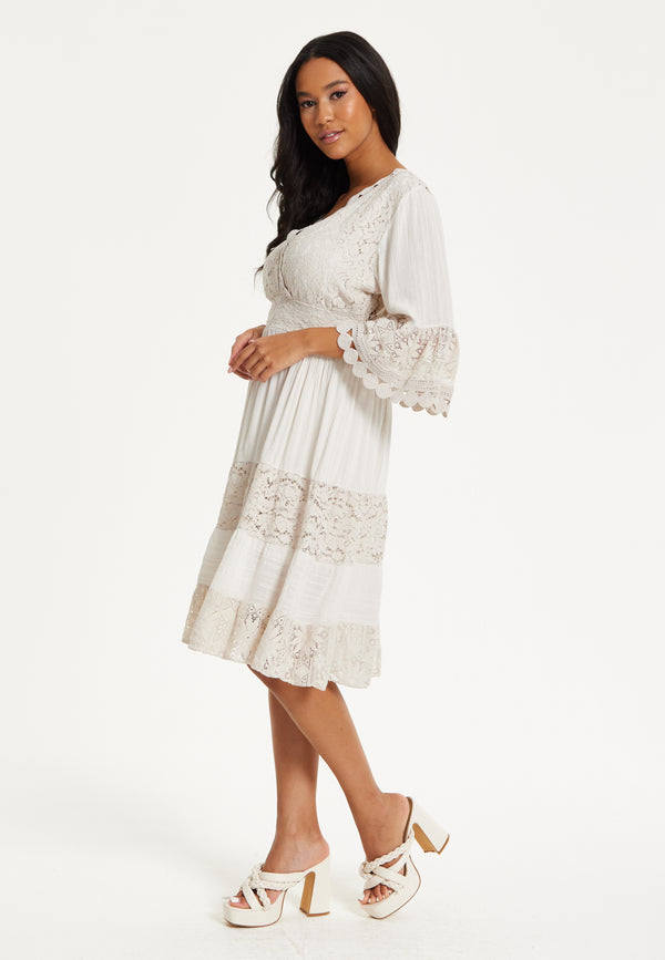 Liquorish Cream Lace Trim Boho Midi Dress