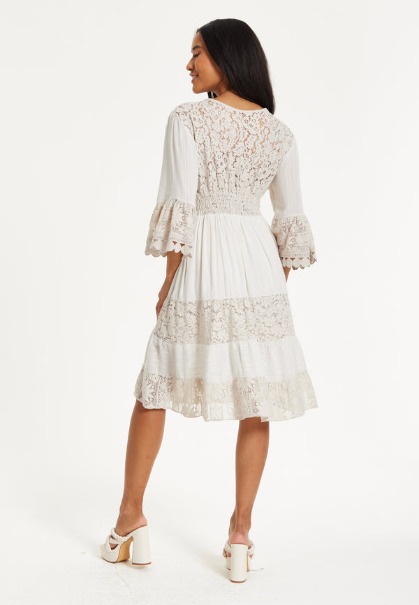 Liquorish Cream Lace Trim Boho Midi Dress