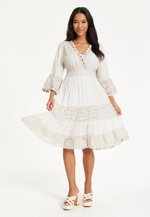 Liquorish Cream Lace Trim Boho Midi Dress