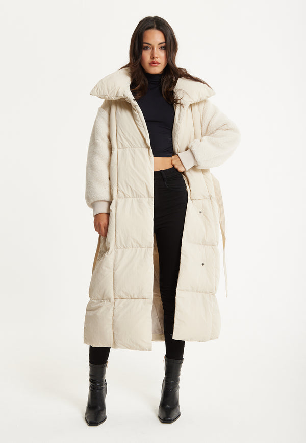 Liquorish Cream Longline Belted Puffer Coat