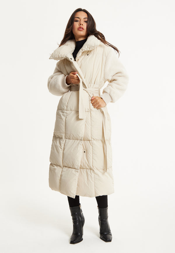 Liquorish Cream Longline Belted Puffer Coat