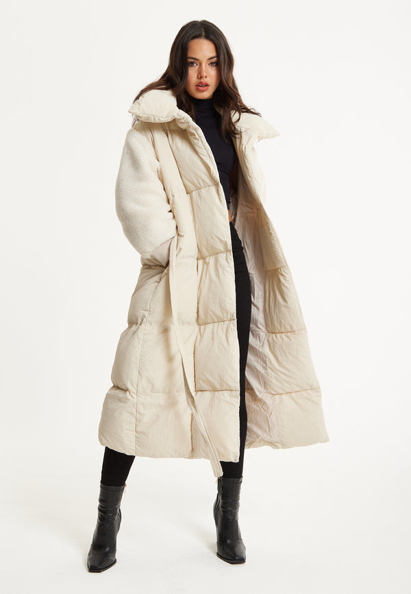Liquorish Cream Longline Belted Puffer Coat