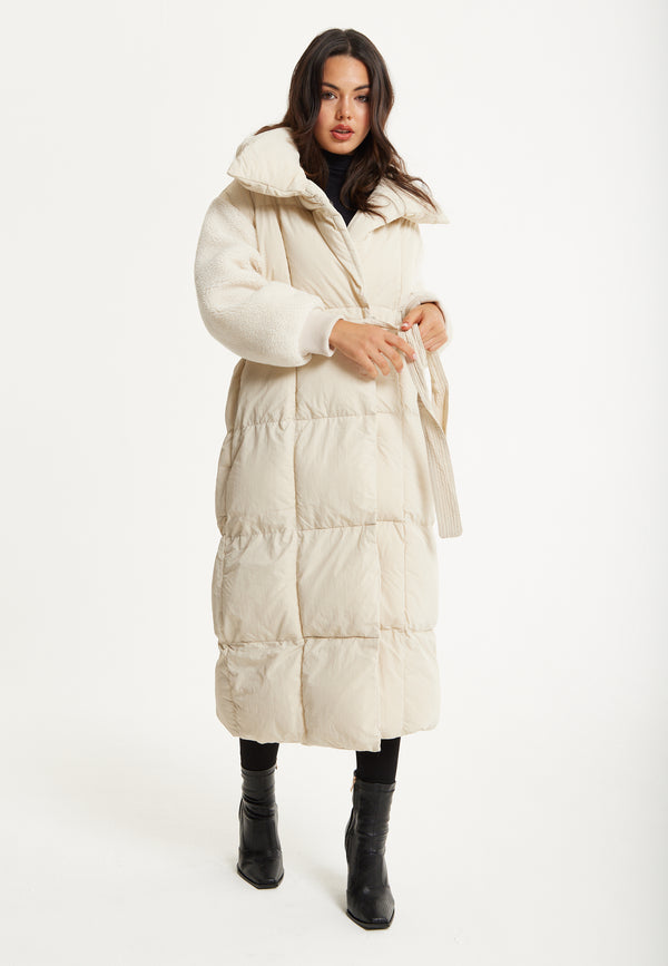 Liquorish Cream Longline Belted Puffer Coat