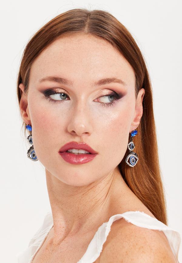 Liquorish Liquorish Double Evil Eye Drop Style Earrings With Diamonte Embellishments