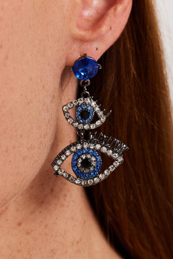 Liquorish Liquorish Double Evil Eye Drop Style Earrings With Diamonte Embellishments