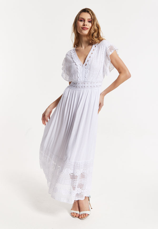 Liquorish Elegant V-Neck White Lace Maxi Dress