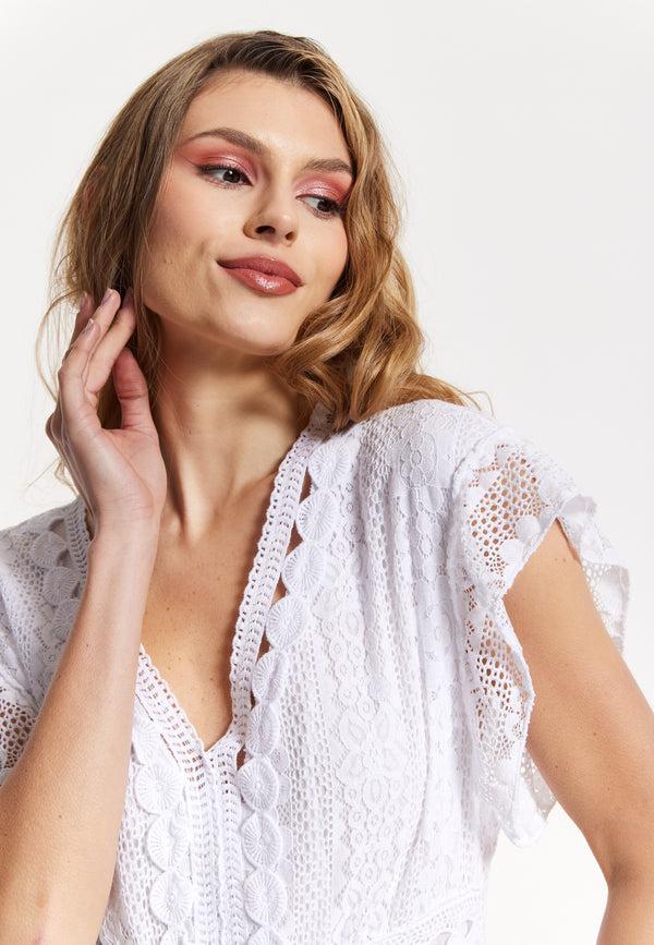 Liquorish Elegant V-Neck White Lace Maxi Dress