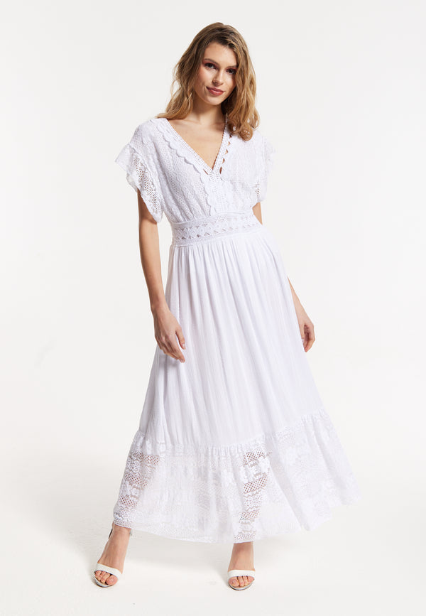 Liquorish Elegant V-Neck White Lace Maxi Dress