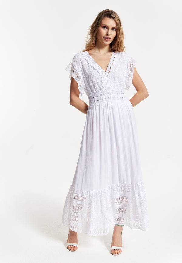 Liquorish Elegant V-Neck White Lace Maxi Dress