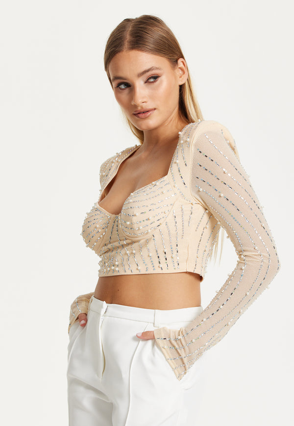 Liquorish Embellished Nude Long Sleeve Crop Top