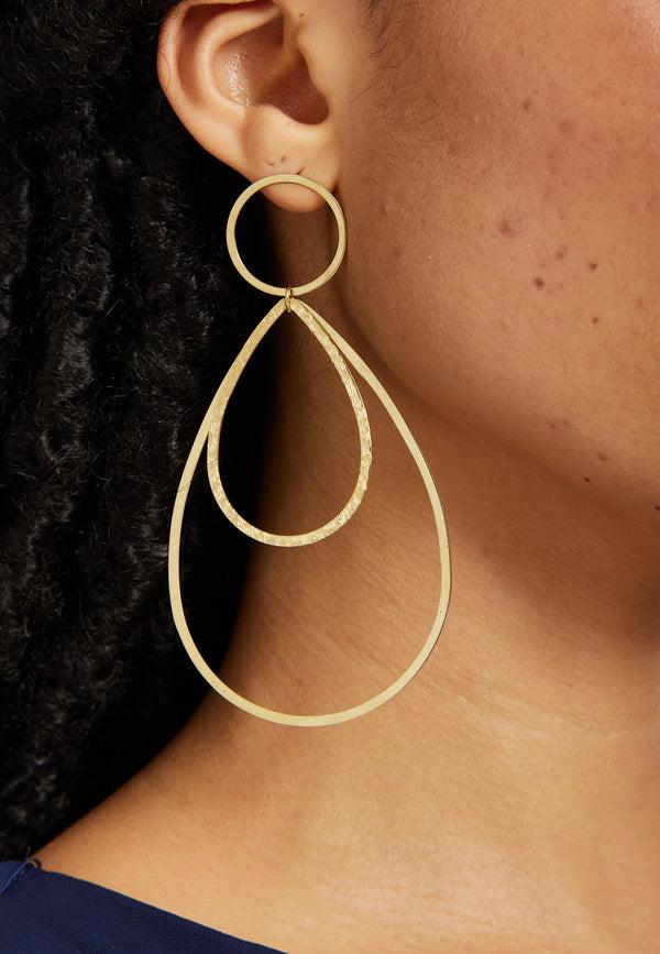 Liquorish Gold Double Teardrop Statement Earrings