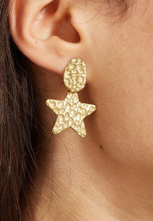 Liquorish Gold Hammered Star Drop Earrings