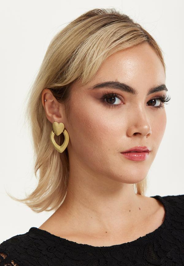 Liquorish Gold Heart Statement Drop Earrings