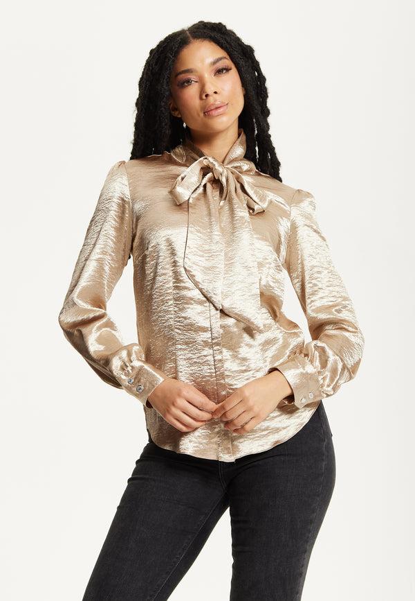 Liquorish Gold Satin Bow Blouse