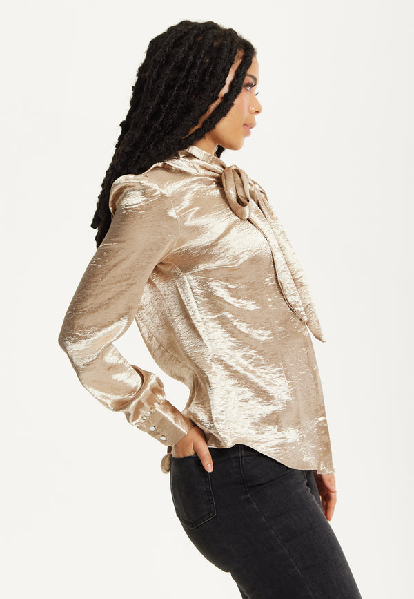 Liquorish Gold Satin Bow Blouse